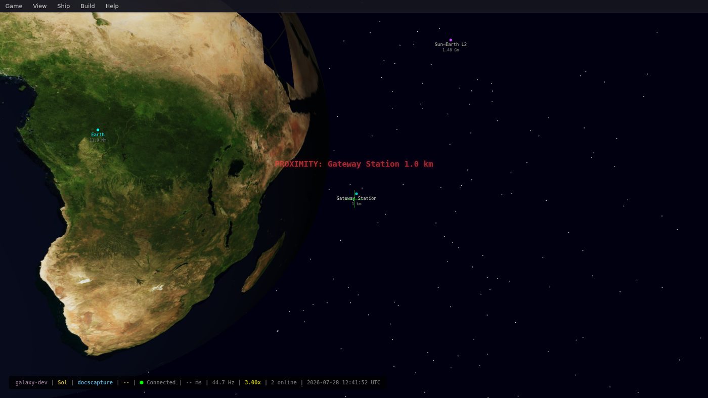 The Galaxy cockpit view in low Earth orbit. Earth fills the left of the frame; markers label Earth at 11.9 megameters and Gateway Station at 998 meters, a proximity alert reads one kilometer, and the status bar along the bottom shows the system, the connection, the tick rate and the time scale.